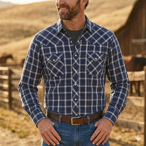 Wrangler Other - Wrangler Western Pearl Snap Shirt Mens XL Blue Plaid Long Sleeve Cowboy Outdoor